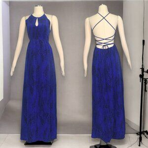 Yumi Kim Jungle Love Blue Silk Halter Maxi Dress Keyhole Neckline Lace up Back M